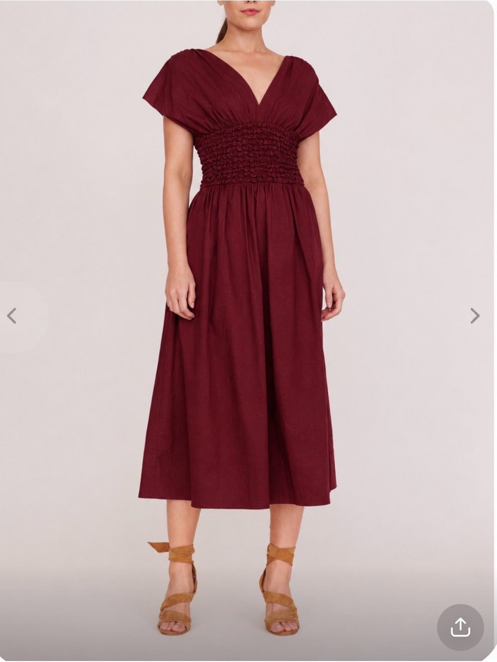 STAUD V-neck Burgundy Maxi Dress with Smocked Waist cotton with pockets